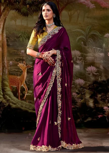 Wine Embroidered Organza Saree with Yellow Blouse