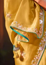 Yellow Embroidered Organza Saree with Teal Blouse