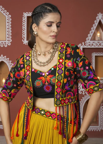 Yellow and Black Lehenga Choli with Mirror Work