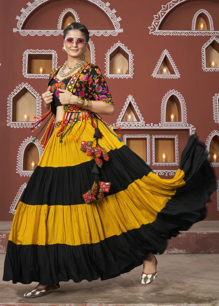 Yellow and Black Lehenga Choli with Mirror Work