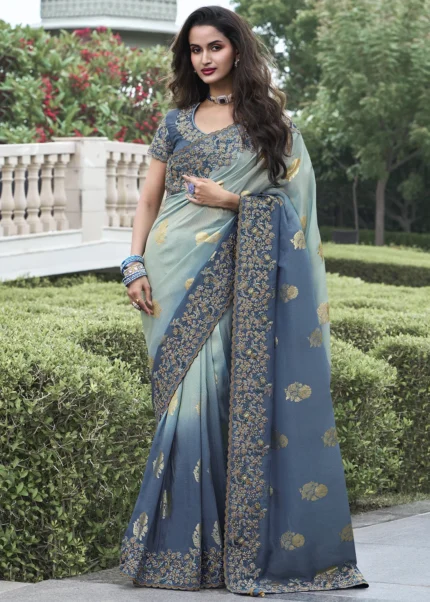 Blue Zari Woven Embroidered Silk Saree