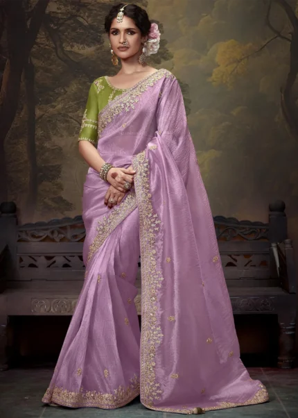 Light Purple Embroidered Tissue Silk Saree