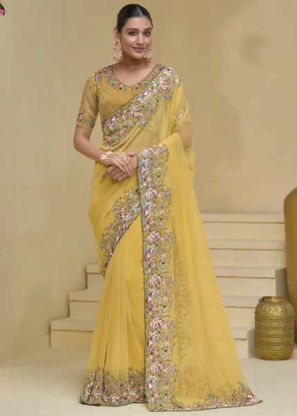 Mustard Yellow Embroidered Georgette Designer Saree