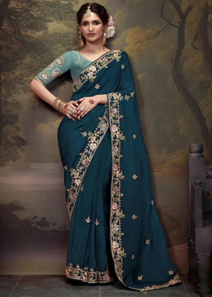 Peacock Blue Embroidered Tissue Silk Saree