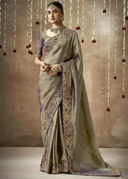 Taupe Zari Woven Embroidered Tissue Silk Saree