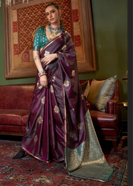 Wine Banarasi Satin Saree with Brocade Blouse