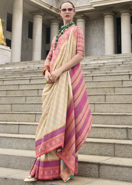 Cream and Pink Banarasi Silk Saree