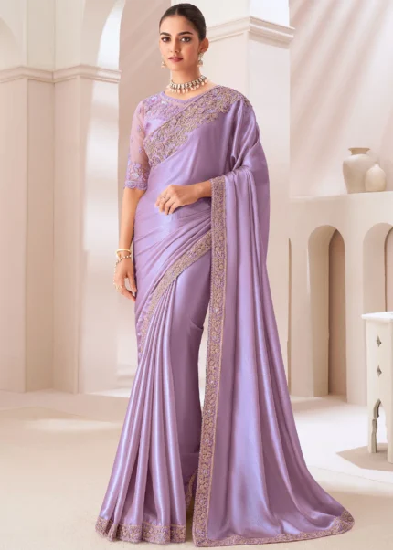 Purple Embroidered Chiffon Saree