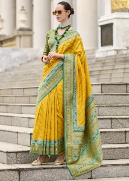 Yellow and Green Banarasi Silk Saree