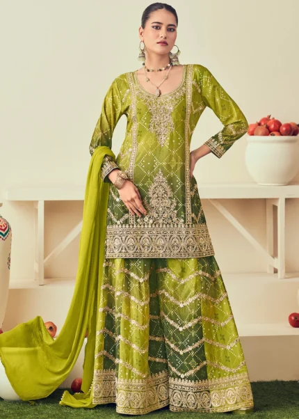 Embroidered Chiffon Green Sharara Suit