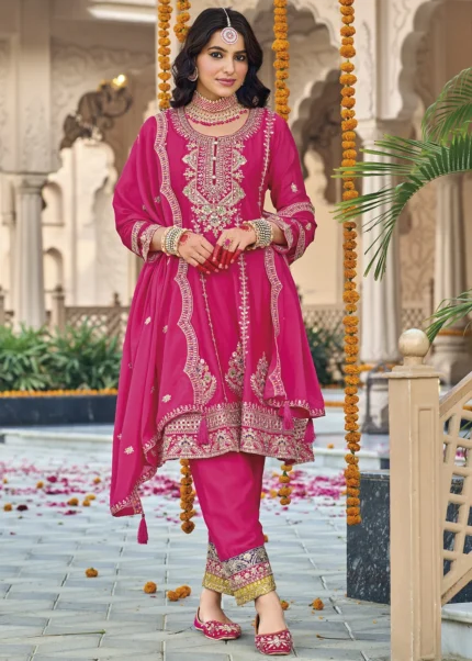 Embroidered Rani Pink Chiffon Suit