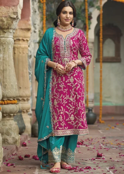 Embroidered Rani Pink Palazzo Suit