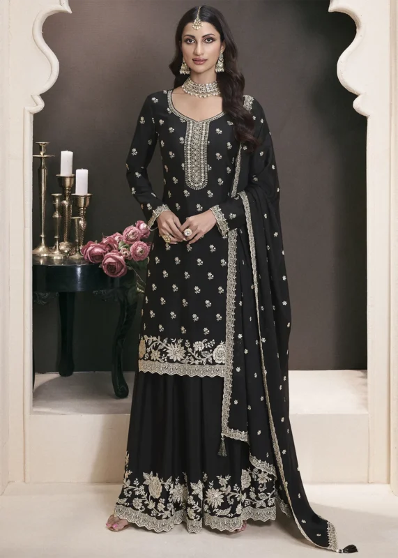 Black Chiffon Sharara Suit with Embroidery