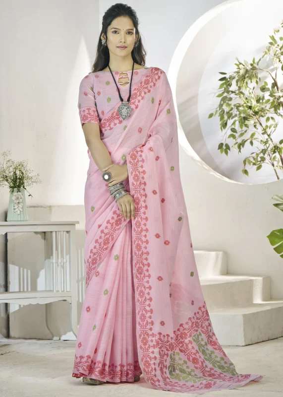 Blush Pink Woven Linen Silk Saree