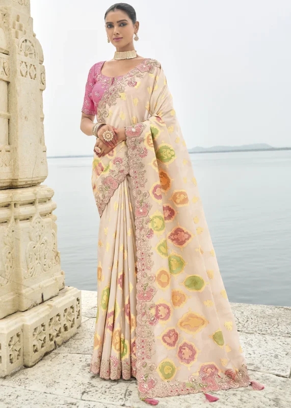 Cream Embroidered Saree with Scalloped Border