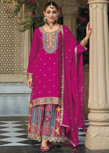 Embroidered Chinon Silk Rani Pink Lehenga Suit