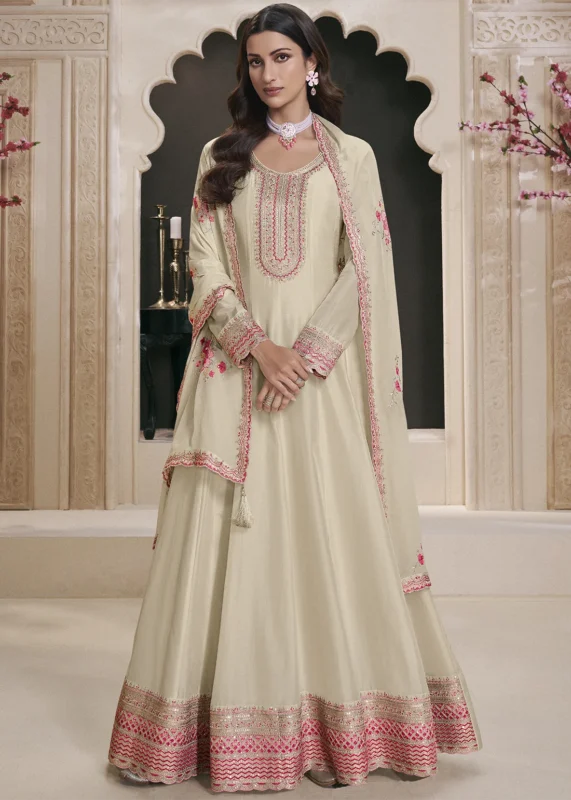 Embroidered Cream Georgette Anarkali Suit