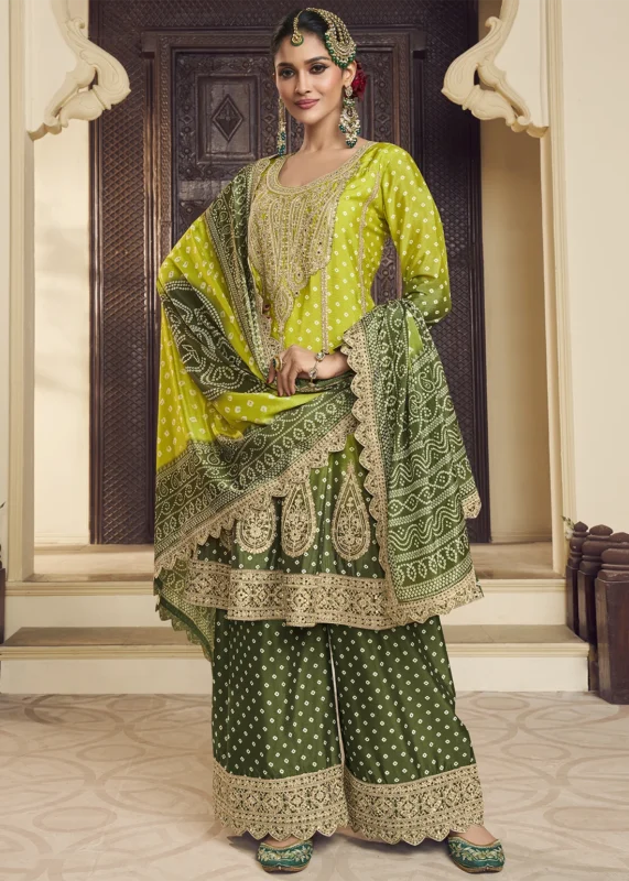 Embroidered Green Chinon Silk Palazzo Suit