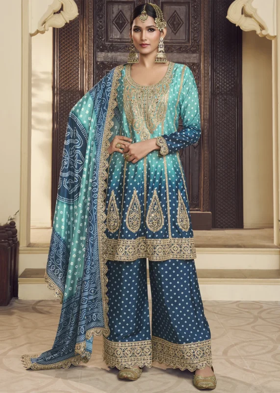 Embroidered Ombré Blue Chinon Silk Palazzo Suit