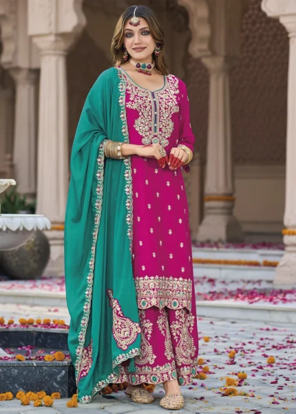 Embroidered Rani Pink Chiffon Sharara Suit