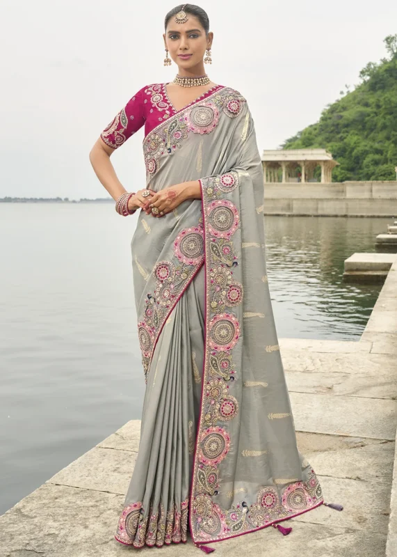 Gray Embroidered Tissue Silk Saree