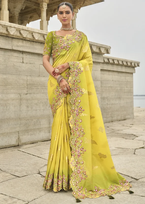 Lemon Yellow Embroidered Saree with Scalloped Border