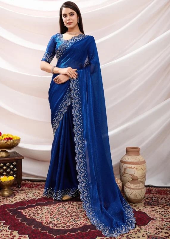 Navy Blue Chiffon Saree with Stone Work