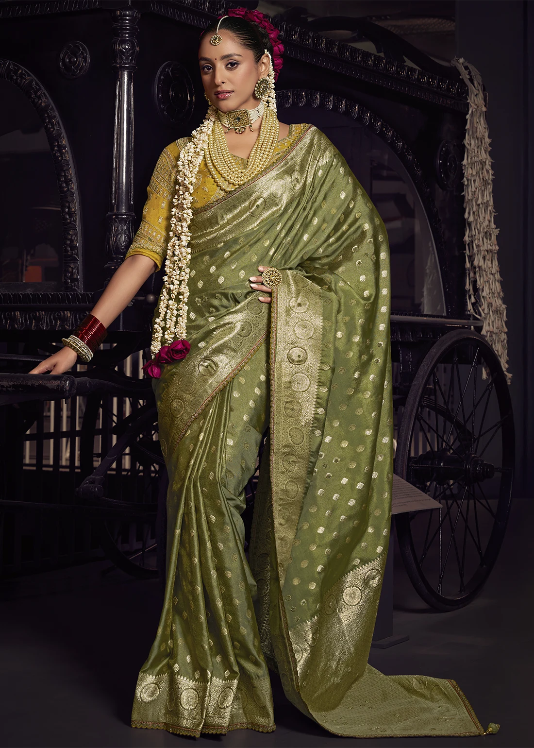 Olive Green Banarasi Saree with Handwork