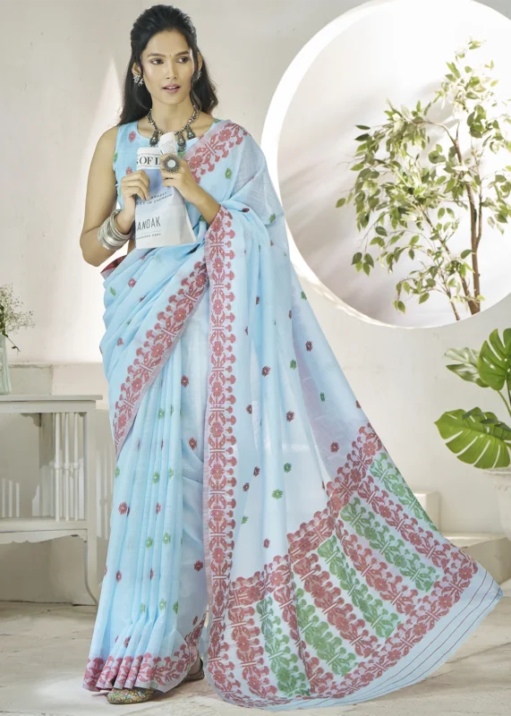 Sky Blue Linen Silk Saree