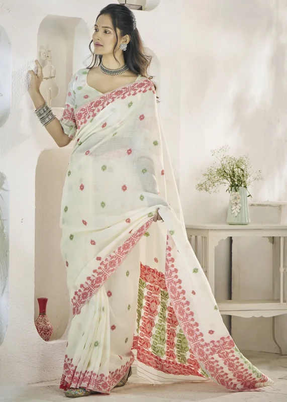 White Woven Linen Silk Saree