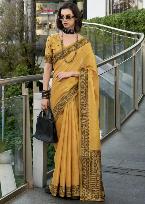 Yellow Linen Silk Saree